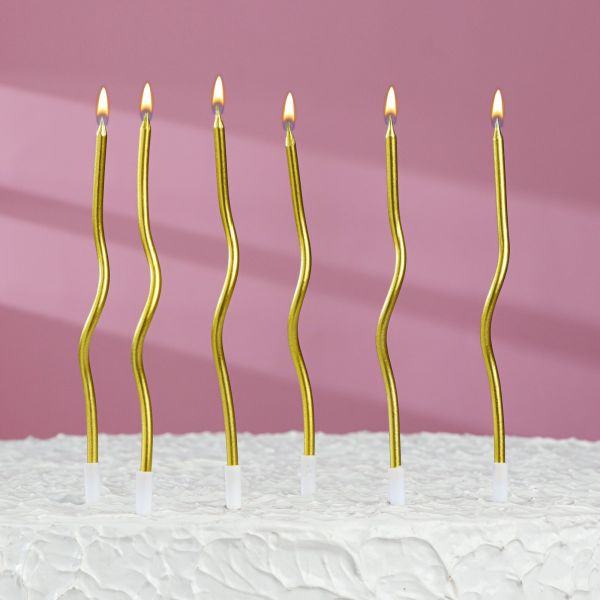 Свечи для торта "Серпантин" 6 шт, 12 см, коктейльные, яркое золото