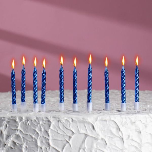 Свечи на торт " С днем рождения" 10 шт. синий металлик