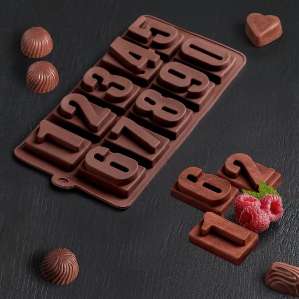 Форма для льда и шоколада Доляна «Цифры», 20*11 см, 10 ячеек, цвет шоколадный