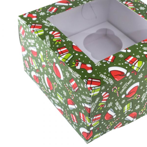 Коробка для 4 капкейков Рождественское ассорти, 16×16×10СМ