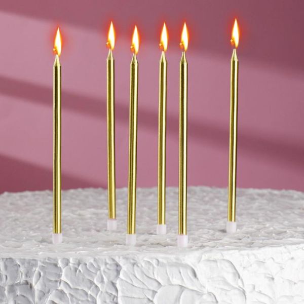 Свечи в торт "С днём рождения", золото, 6 шт, высокие.